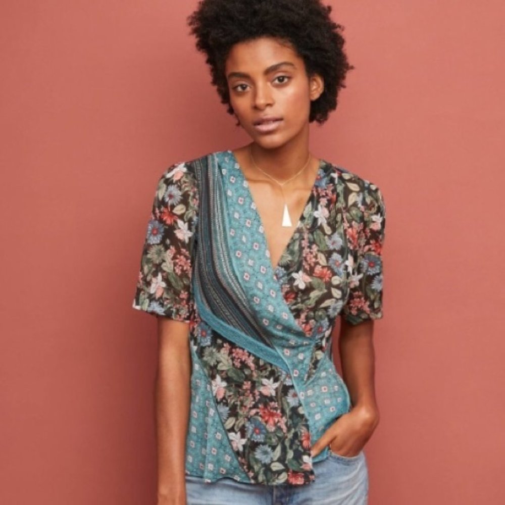 Anthropologie TINY Teal Floral Wrap Blouse